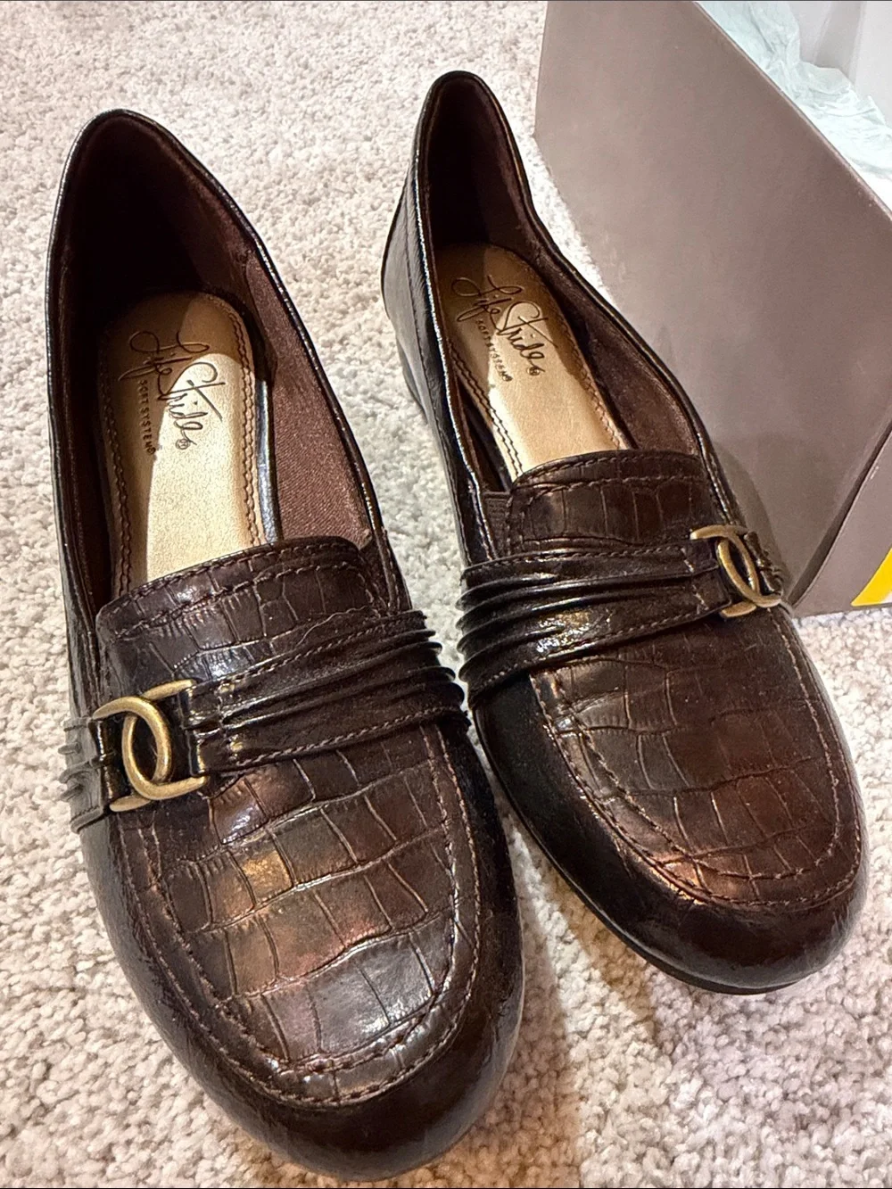 Life Stride Brown Croc-Embossed Slip-On Loafers with Gold Accent